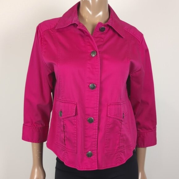 Peter Nygard Fuchsia Pink Jean Jacket Cropped Sleeve Cotton Denim Buttoned - Picture 15 of 15